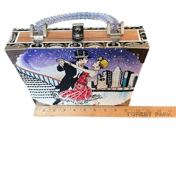 Vintage Handmade Cigar Box Purse Beaded Handle Dancing Couple Braciano Box Bag - Picture 8 of 11